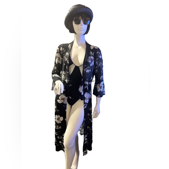 Ember Black & White Magnolia Floral Kimono Beach Coverup with Front tie, Size L - Picture 2 of 5